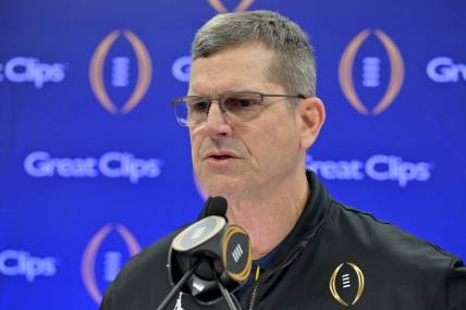 Jan 6, 2024; Houston, TX, USA; Michigan Wolverines head coach Jim Harbaugh talks to the media during media day before the College Football Playoff national championship game against the Washington Huskies at George R Brown Convention Center. Mandatory Credit: Maria Lysaker-USA TODAY Sports