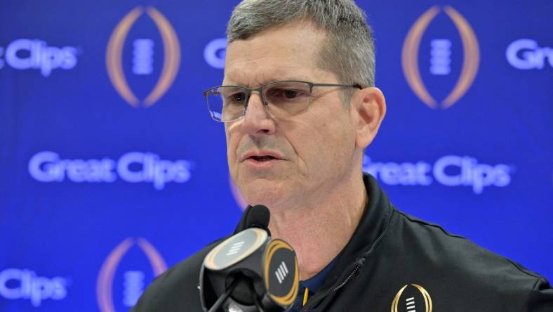 Jan 6, 2024; Houston, TX, USA; Michigan Wolverines head coach Jim Harbaugh talks to the media during media day before the College Football Playoff national championship game against the Washington Huskies at George R Brown Convention Center. Mandatory Credit: Maria Lysaker-USA TODAY Sports