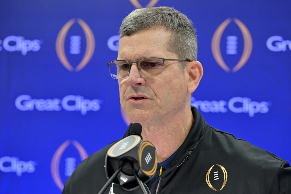 Jan 6, 2024; Houston, TX, USA; Michigan Wolverines head coach Jim Harbaugh talks to the media during media day before the College Football Playoff national championship game against the Washington Huskies at George R Brown Convention Center. Mandatory Credit: Maria Lysaker-USA TODAY Sports