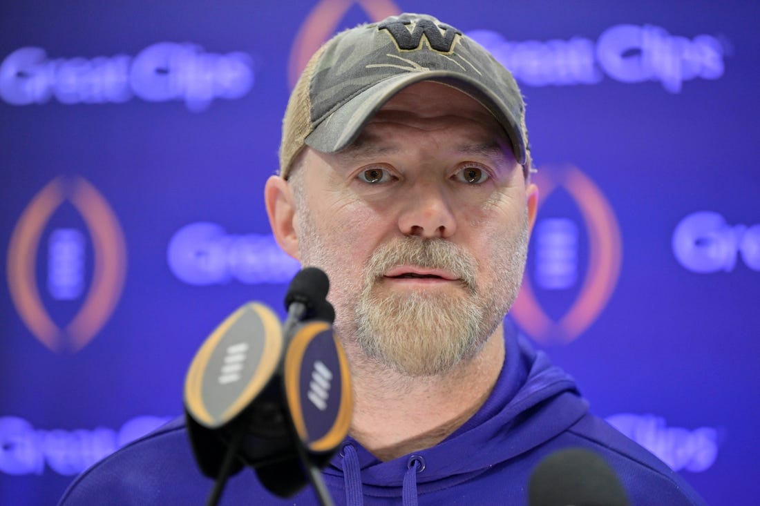 Jan 6, 2024; Houston, TX, USA; Washington Huskies offensive coordinator Ryan Grubb talks to the media during media day before the College Football Playoff national championship game against the Michigan Wolverines at George R Brown Convention Center. Mandatory Credit: Maria Lysaker-USA TODAY Sports