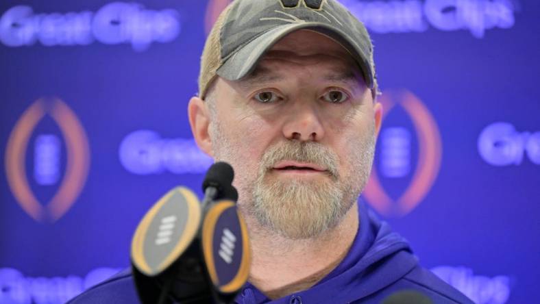 Jan 6, 2024; Houston, TX, USA; Washington Huskies offensive coordinator Ryan Grubb talks to the media during media day before the College Football Playoff national championship game against the Michigan Wolverines at George R Brown Convention Center. Mandatory Credit: Maria Lysaker-USA TODAY Sports