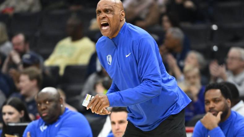 Jan 6, 2024; Washington, District of Columbia, USA; DePaul Blue Demons head coach Tony Stubblefield reacts against the Georgetown Hoyas during the first half at Capital One Arena. Mandatory Credit: Brad Mills-USA TODAY Sports