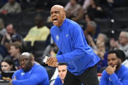 Jan 6, 2024; Washington, District of Columbia, USA; DePaul Blue Demons head coach Tony Stubblefield reacts against the Georgetown Hoyas during the first half at Capital One Arena. Mandatory Credit: Brad Mills-USA TODAY Sports