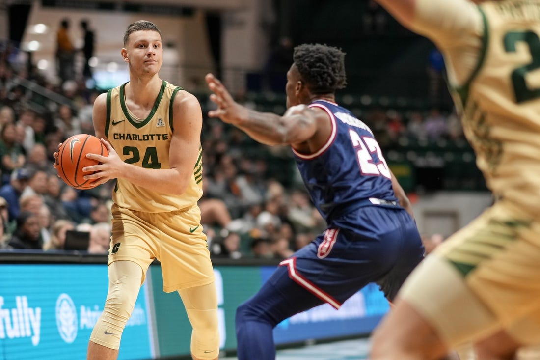 Jan 6, 2024; Charlotte, North Carolina, USA; Charlotte 49ers forward Igor Milicic Jr. (24) looks to pass around Florida Atlantic Owls guard Brandon Weatherspoon (23) during the first half at Dale F. Halton Arena. Mandatory Credit: Jim Dedmon-USA TODAY Sports