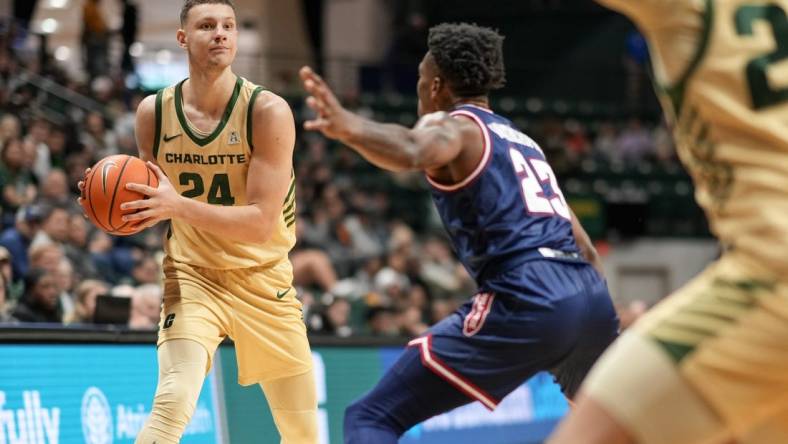 Jan 6, 2024; Charlotte, North Carolina, USA; Charlotte 49ers forward Igor Milicic Jr. (24) looks to pass around Florida Atlantic Owls guard Brandon Weatherspoon (23) during the first half at Dale F. Halton Arena. Mandatory Credit: Jim Dedmon-USA TODAY Sports