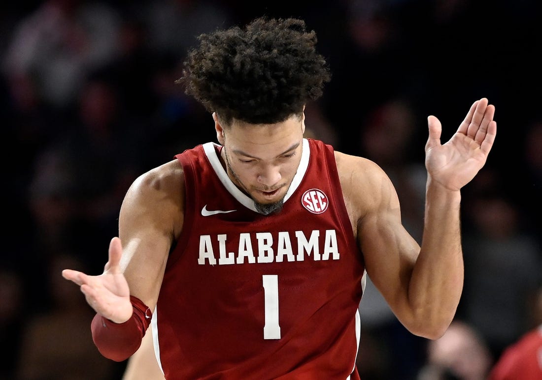 Alabama guard Mark Sears (1) celebrates after a basket against Vanderbilt during the second half of an NCAA college basketball game Saturday, Jan. 6, 2024, in Nashville, Tenn. Alabama won 78-75.