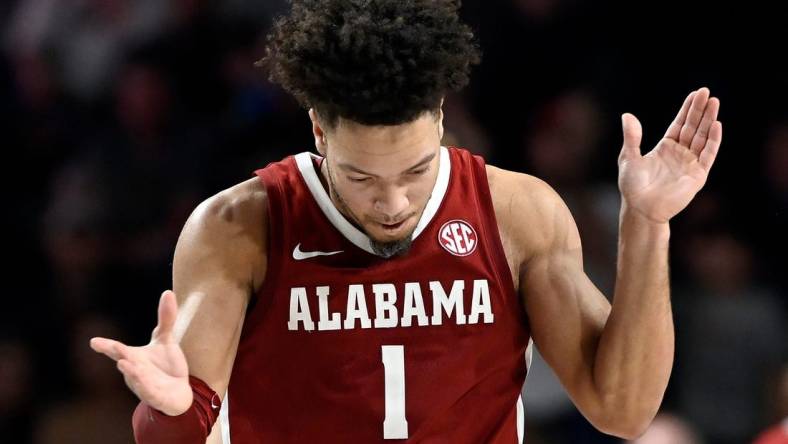 Alabama guard Mark Sears (1) celebrates after a basket against Vanderbilt during the second half of an NCAA college basketball game Saturday, Jan. 6, 2024, in Nashville, Tenn. Alabama won 78-75.