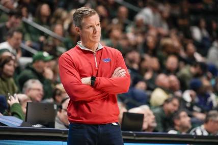 Jan 6, 2024; Charlotte, North Carolina, USA; Florida Atlantic Owls head coach Dusty May reacts to a call during the second half against the Charlotte 49ers at Dale F. Halton Arena. Mandatory Credit: Jim Dedmon-USA TODAY Sports