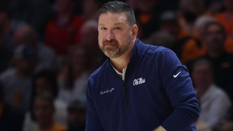 Jan 6, 2024; Knoxville, Tennessee, USA; Mississippi Rebels head coach Chris Beard during the first half against the Tennessee Volunteers at Thompson-Boling Arena at Food City Center. Mandatory Credit: Randy Sartin-USA TODAY Sports