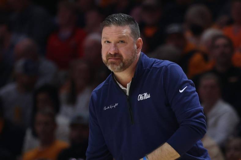 Jan 6, 2024; Knoxville, Tennessee, USA; Mississippi Rebels head coach Chris Beard during the first half against the Tennessee Volunteers at Thompson-Boling Arena at Food City Center. Mandatory Credit: Randy Sartin-USA TODAY Sports