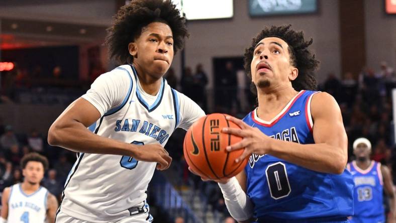 Jan 6, 2024; Spokane, Washington, USA; Gonzaga Bulldogs guard Ryan Nembhard (0) shoots the ball against San Diego Toreros guard Kevin Patton Jr. (0) in the second half at McCarthey Athletic Center. Gonzaga won 101-74. Mandatory Credit: James Snook-USA TODAY Sports