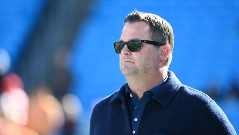 Jan 7, 2024; Charlotte, North Carolina, USA;  Carolina Panthers general manager Scott Fitterer before the game at Bank of America Stadium. Mandatory Credit: Bob Donnan-USA TODAY Sports