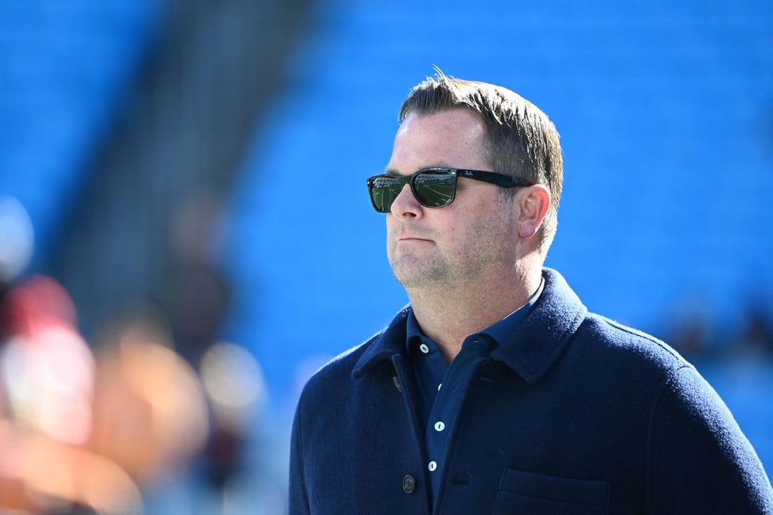 Jan 7, 2024; Charlotte, North Carolina, USA;  Carolina Panthers general manager Scott Fitterer before the game at Bank of America Stadium. Mandatory Credit: Bob Donnan-USA TODAY Sports