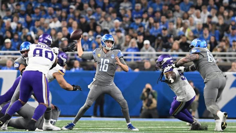 Jan 7, 2024; Detroit, Michigan, USA; Detroit Lions quarterback Jared Goff (16) throws a pass against the Minnesota Vikings in the first quarter at Ford Field. Mandatory Credit: Lon Horwedel-USA TODAY Sports