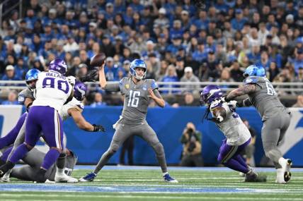 Jan 7, 2024; Detroit, Michigan, USA; Detroit Lions quarterback Jared Goff (16) throws a pass against the Minnesota Vikings in the first quarter at Ford Field. Mandatory Credit: Lon Horwedel-USA TODAY Sports