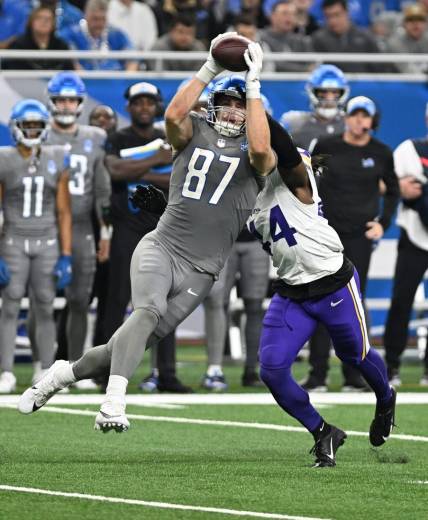 Jan 7, 2024; Detroit, Michigan, USA; Detroit Lions tight end Sam LaPorta (87) catches a pass in front of Minnesota Vikings safety Josh Metellus (44) in the second quarter at Ford Field. Mandatory Credit: Lon Horwedel-USA TODAY Sports
