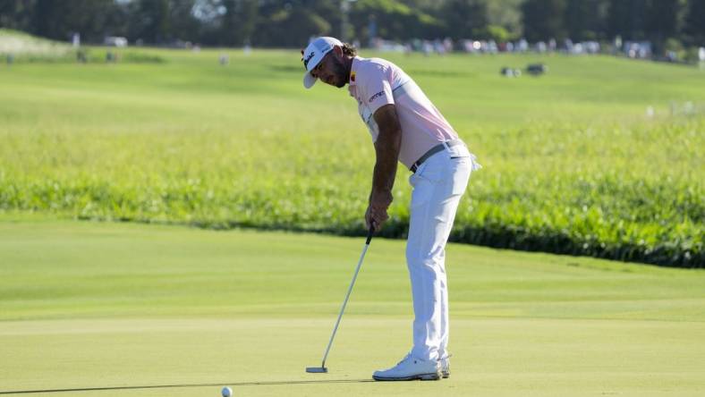 January 7, 2024; Maui, Hawaii, USA; Max Homa putts on the second hole during the final round of The Sentry golf tournament at Kapalua Golf - The Plantation Course. Mandatory Credit: Kyle Terada-USA TODAY Sports