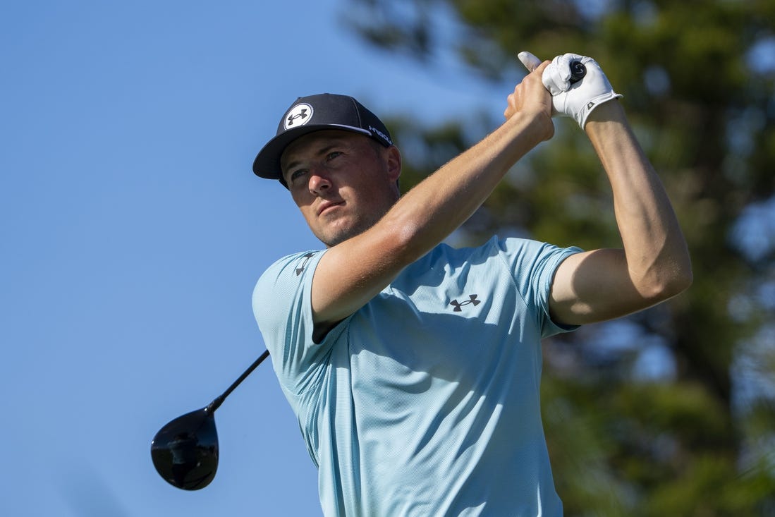 January 7, 2024; Maui, Hawaii, USA; Jordan Spieth hits his tee shot on the third hole during the final round of The Sentry golf tournament at Kapalua Golf - The Plantation Course. Mandatory Credit: Kyle Terada-USA TODAY Sports