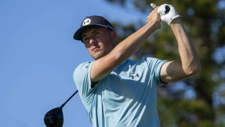 January 7, 2024; Maui, Hawaii, USA; Jordan Spieth hits his tee shot on the third hole during the final round of The Sentry golf tournament at Kapalua Golf - The Plantation Course. Mandatory Credit: Kyle Terada-USA TODAY Sports