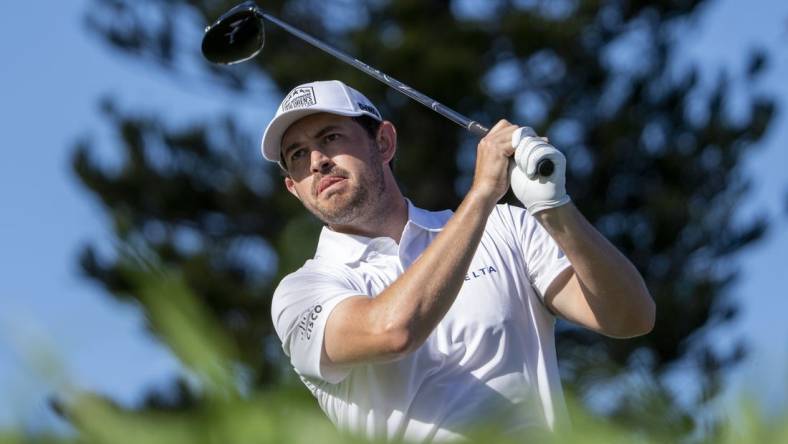 January 7, 2024; Maui, Hawaii, USA; Patrick Cantlay hits his tee shot on the third hole during the final round of The Sentry golf tournament at Kapalua Golf - The Plantation Course. Mandatory Credit: Kyle Terada-USA TODAY Sports