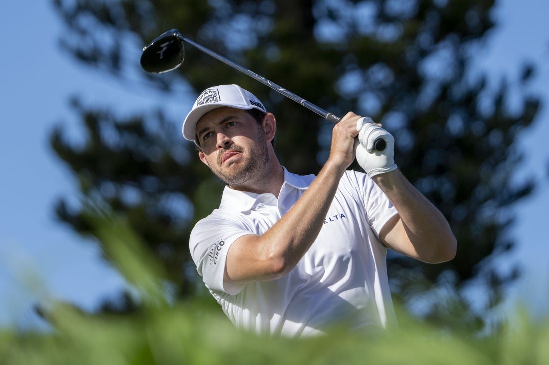 January 7, 2024; Maui, Hawaii, USA; Patrick Cantlay hits his tee shot on the third hole during the final round of The Sentry golf tournament at Kapalua Golf - The Plantation Course. Mandatory Credit: Kyle Terada-USA TODAY Sports