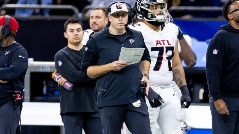 Jan 7, 2024; New Orleans, Louisiana, USA;  Atlanta Falcons head coach Arthur Smith looks on against the New Orleans Saints during the second half at Caesars Superdome. Mandatory Credit: Stephen Lew-USA TODAY Sports