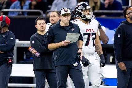 Jan 7, 2024; New Orleans, Louisiana, USA;  Atlanta Falcons head coach Arthur Smith looks on against the New Orleans Saints during the second half at Caesars Superdome. Mandatory Credit: Stephen Lew-USA TODAY Sports