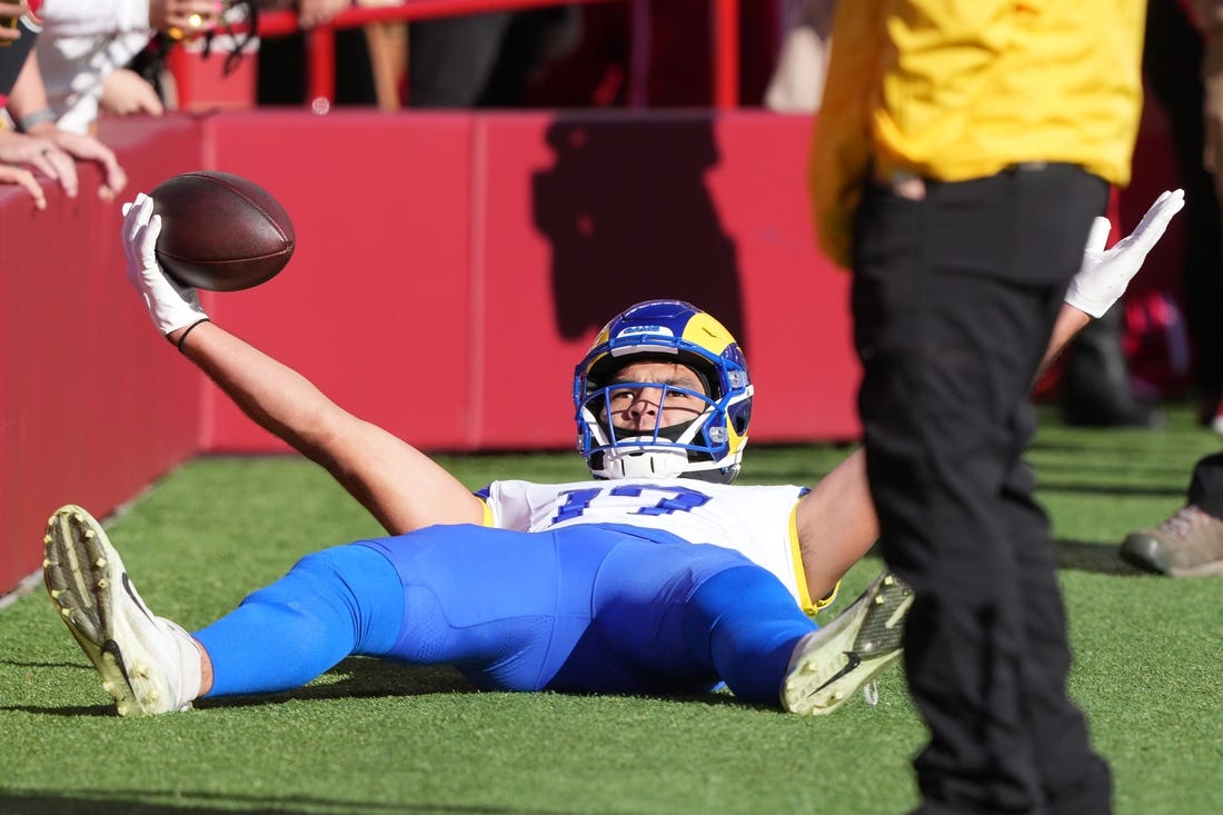 Jan 7, 2024; Santa Clara, California, USA; Los Angeles Rams wide receiver Puka Nacua (17) reacts after scoring a touchdown against the San Francisco 49ers during the first quarter at Levi's Stadium. Mandatory Credit: Darren Yamashita-USA TODAY Sports