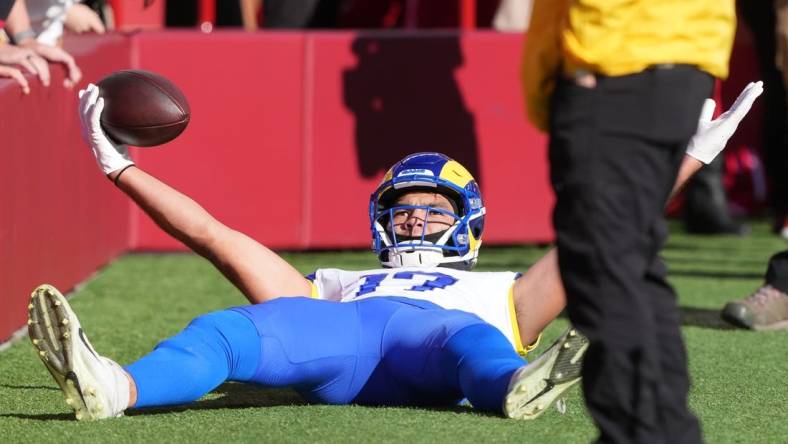 Jan 7, 2024; Santa Clara, California, USA; Los Angeles Rams wide receiver Puka Nacua (17) reacts after scoring a touchdown against the San Francisco 49ers during the first quarter at Levi's Stadium. Mandatory Credit: Darren Yamashita-USA TODAY Sports