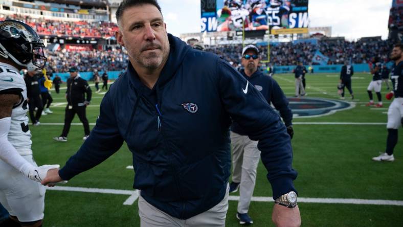 Tennessee Titans Head Coach Mike Vrabel heads off the field after beating the Jacksonville Jaguars     and knocking them out of the playoffs     after their game at Nissan Stadium in Nashville, Tenn., Sunday, Jan. 7, 2024.