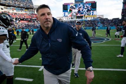 Tennessee Titans Head Coach Mike Vrabel heads off the field after beating the Jacksonville Jaguars     and knocking them out of the playoffs     after their game at Nissan Stadium in Nashville, Tenn., Sunday, Jan. 7, 2024.