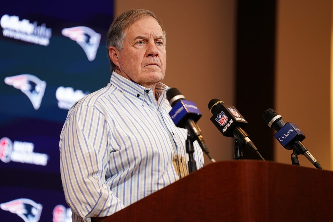 Jan 7, 2024; Foxborough, Massachusetts, USA; New England Patriots head coach Bill Belichick talks to reporters after the game against the New York Jets at Gillette Stadium. Mandatory Credit: David Butler II-USA TODAY Sports