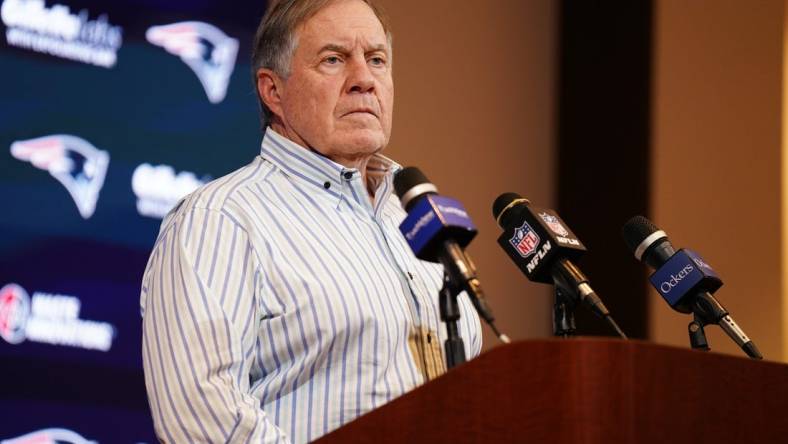 Jan 7, 2024; Foxborough, Massachusetts, USA; New England Patriots head coach Bill Belichick talks to reporters after the game against the New York Jets at Gillette Stadium. Mandatory Credit: David Butler II-USA TODAY Sports