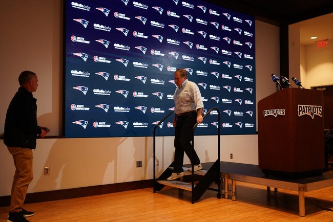 New England Patriots head coach Bill Belichick walks of the podium after talking to reporters after the game against the New York Jets at Gillette Stadium. Mandatory Credit: David Butler II-USA TODAY Sports