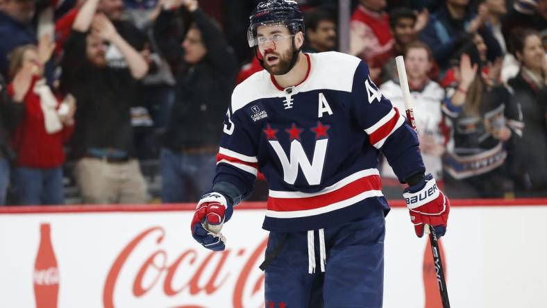 Jan 7, 2024; Washington, District of Columbia, USA; Washington Capitals right wing Tom Wilson (43) looks on after the game against the Los Angeles Kings at Capital One Arena. Mandatory Credit: Amber Searls-USA TODAY Sports