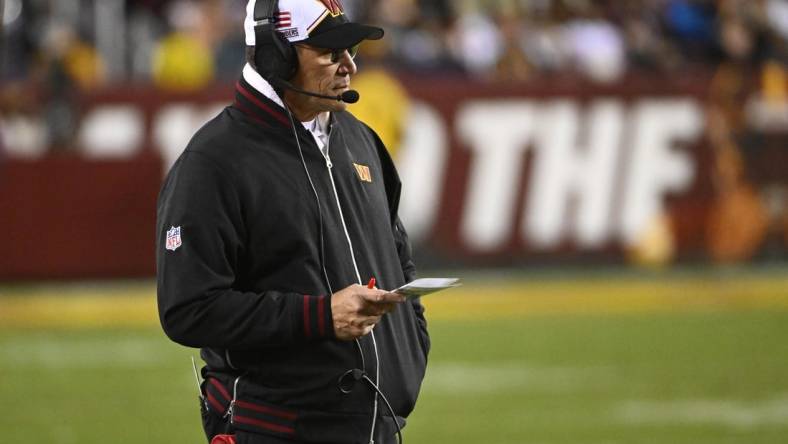 Jan 7, 2024; Landover, Maryland, USA; Washington Commanders head coach Ron Rivera looks on against the Dallas Cowboys during the first half at FedExField. Mandatory Credit: Brad Mills-USA TODAY Sports