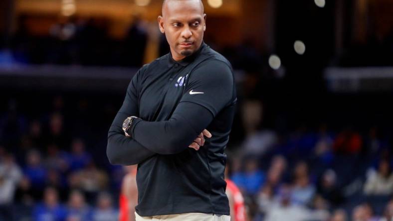 Memphis' head coach Penny Hardaway looks towards his bench during the game between Southern Methodist University and the University of Memphis at FedExForum in Memphis, Tenn., on Sunday, January 7, 2024.