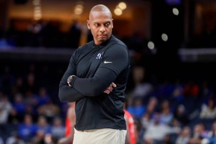 Memphis' head coach Penny Hardaway looks towards his bench during the game between Southern Methodist University and the University of Memphis at FedExForum in Memphis, Tenn., on Sunday, January 7, 2024.
