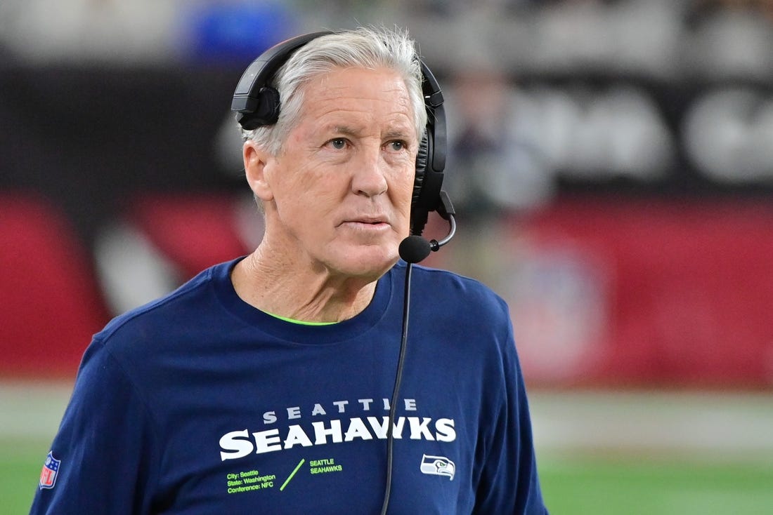 Jan 7, 2024; Glendale, Arizona, USA; Seattle Seahawks head coach Pete Carroll looks on in the second half against the Arizona Cardinals at State Farm Stadium. Mandatory Credit: Matt Kartozian-USA TODAY Sports