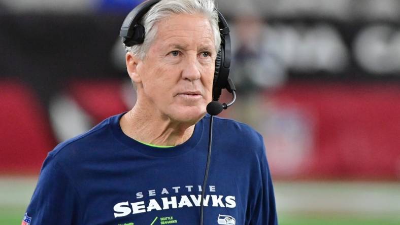 Jan 7, 2024; Glendale, Arizona, USA; Seattle Seahawks head coach Pete Carroll looks on in the second half against the Arizona Cardinals at State Farm Stadium. Mandatory Credit: Matt Kartozian-USA TODAY Sports