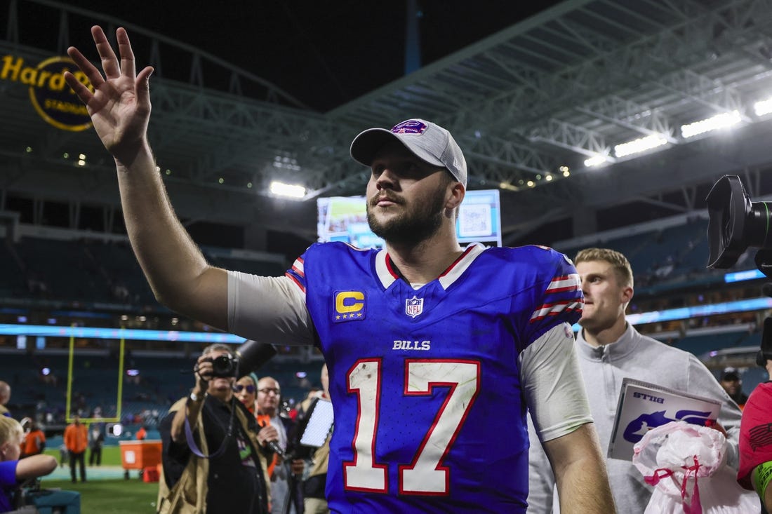 Jan 7, 2024; Miami Gardens, Florida, USA; Buffalo Bills quarterback Josh Allen (17) reacts after the game against the Miami Dolphins at Hard Rock Stadium. Mandatory Credit: Sam Navarro-USA TODAY Sports