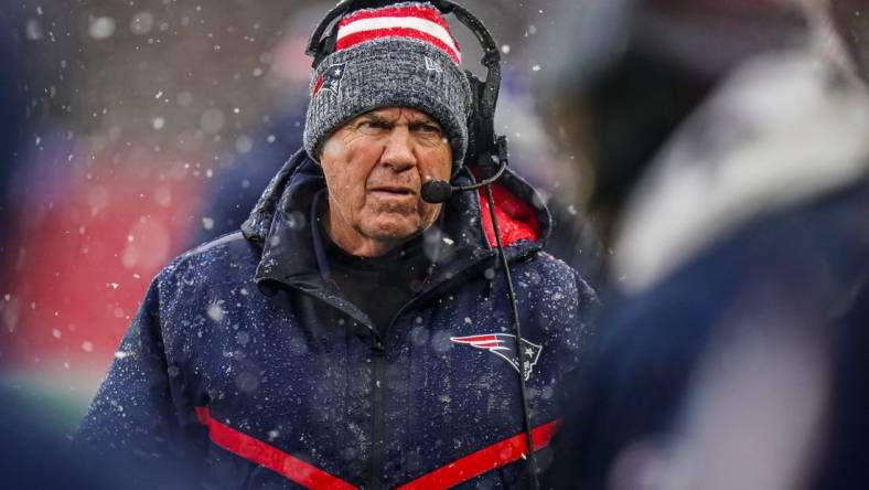 Jan 7, 2024; Foxborough, Massachusetts, USA; New England Patriots head coach Bill Belichick watches from the sideline as they take on the New York Jets at Gillette Stadium. Mandatory Credit: David Butler II-USA TODAY Sports