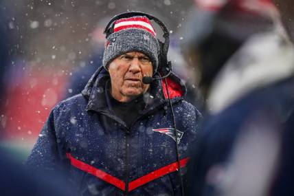 Jan 7, 2024; Foxborough, Massachusetts, USA; New England Patriots head coach Bill Belichick watches from the sideline as they take on the New York Jets at Gillette Stadium. Mandatory Credit: David Butler II-USA TODAY Sports