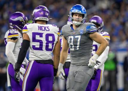 Detroit Lions tight end Sam LaPorta during the game vs. the Minnesota Vikings at Ford Field in Detroit on Sunday, Jan. 7, 2024.