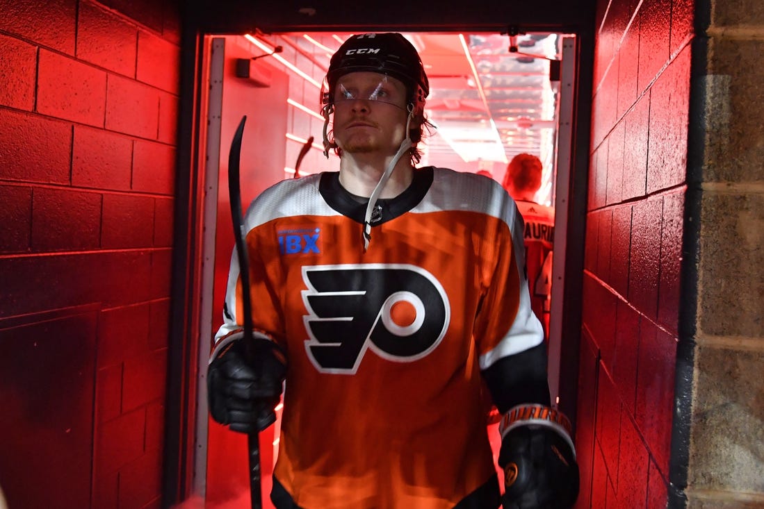 Jan 8, 2024; Philadelphia, Pennsylvania, USA; Philadelphia Flyers right wing Owen Tippett (74) in the tunnel before game against the Pittsburgh Penguins at Wells Fargo Center. Mandatory Credit: Eric Hartline-USA TODAY Sports