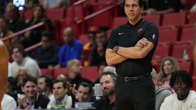 Jan 8, 2024; Miami, Florida, USA;  Miami Heat head coach Erik Spoelstra looks on during the game against the Houston Rockets during the first half at Kaseya Center. Mandatory Credit: Jim Rassol-USA TODAY Sports