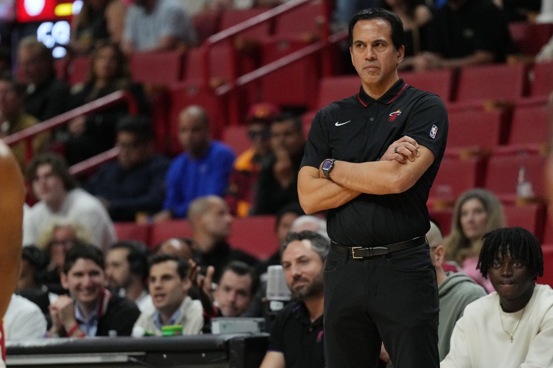 Jan 8, 2024; Miami, Florida, USA;  Miami Heat head coach Erik Spoelstra looks on during the game against the Houston Rockets during the first half at Kaseya Center. Mandatory Credit: Jim Rassol-USA TODAY Sports