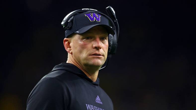 Jan 8, 2024; Houston, TX, USA; Washington Huskies head coach Kalen DeBoer looks on against the Michigan Wolverines late in the fourth quarter in the 2024 College Football Playoff national championship game at NRG Stadium. Mandatory Credit: Mark J. Rebilas-USA TODAY Sports