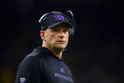 Jan 8, 2024; Houston, TX, USA; Washington Huskies head coach Kalen DeBoer looks on against the Michigan Wolverines late in the fourth quarter in the 2024 College Football Playoff national championship game at NRG Stadium. Mandatory Credit: Mark J. Rebilas-USA TODAY Sports
