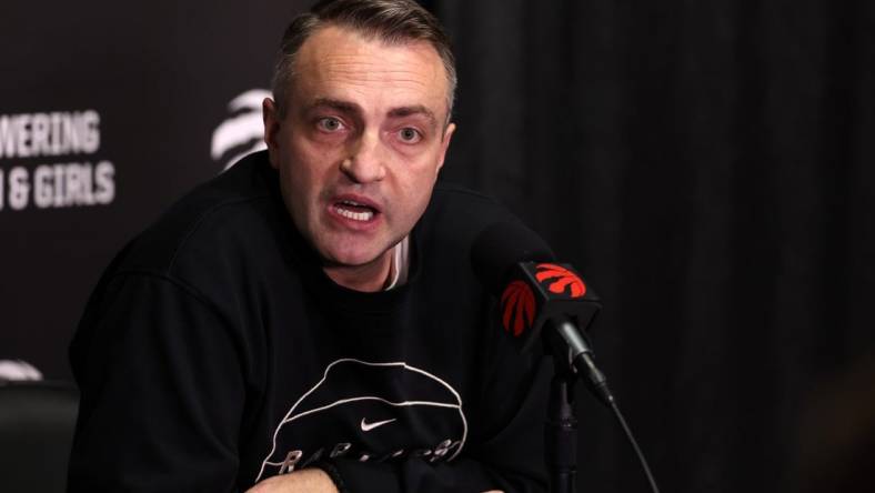 Jan 9, 2024; Los Angeles, California, USA;  Toronto Raptors head coach Darko Rajakovic speaks to media before the game against the Los Angeles Lakers at Crypto.com Arena. Mandatory Credit: Kiyoshi Mio-USA TODAY Sports